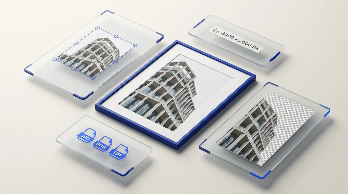 Minimalist design workspace featuring a central photo frame surrounded by floating glass panels depicting crop, format conversion, and background removal tools.