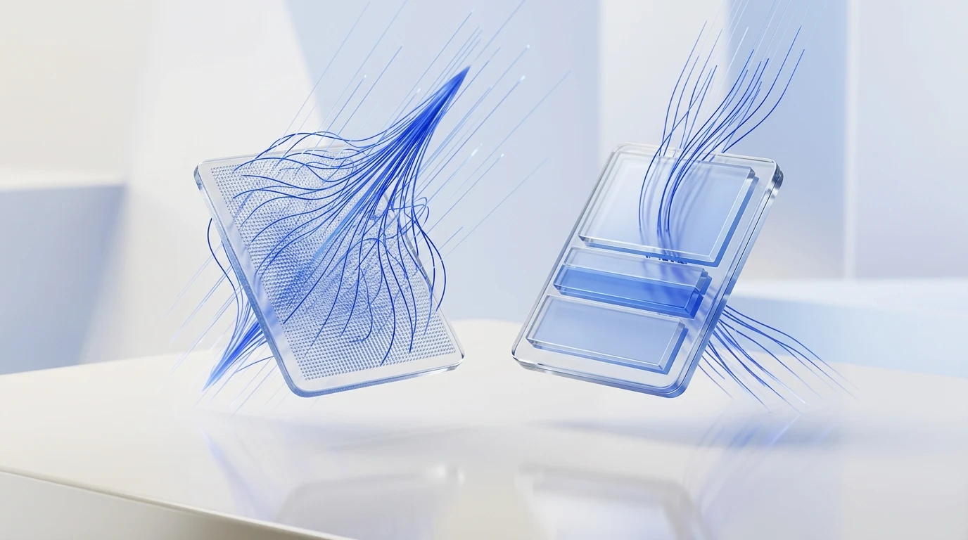 Floating glass data cards representing AVIF high-density pixel mesh and WebP structured block layers with blue performance light rays.