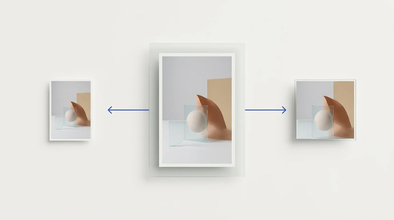 Conceptual diagram showing a central photo card branching to a smaller proportional scaled replica (Resize) and a trimmed square crop (Crop).
