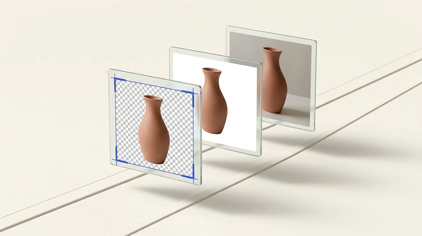 Cascade of floating photo cards moving along a preparation track, showing a portrait cleanly isolated from its background onto a transparent grid.