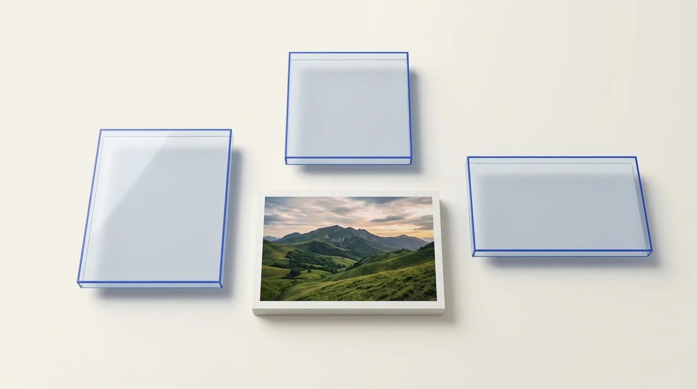 Source landscape photo surrounded by three floating wireframe aspect ratio boxes representing 1:1 square, 4:5 portrait, and 16:9 landscape framing.
