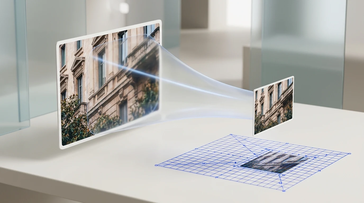 Large photo card projecting down through a glass optics beam into a smaller razor-sharp card over a blue pixel grid.