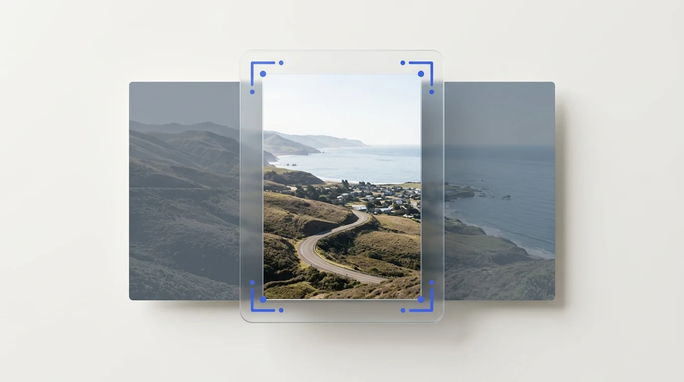 Wide panoramic photograph card extending beyond a vertical 4:5 glass crop boundary with dimmed side regions showing trimmed pixels.