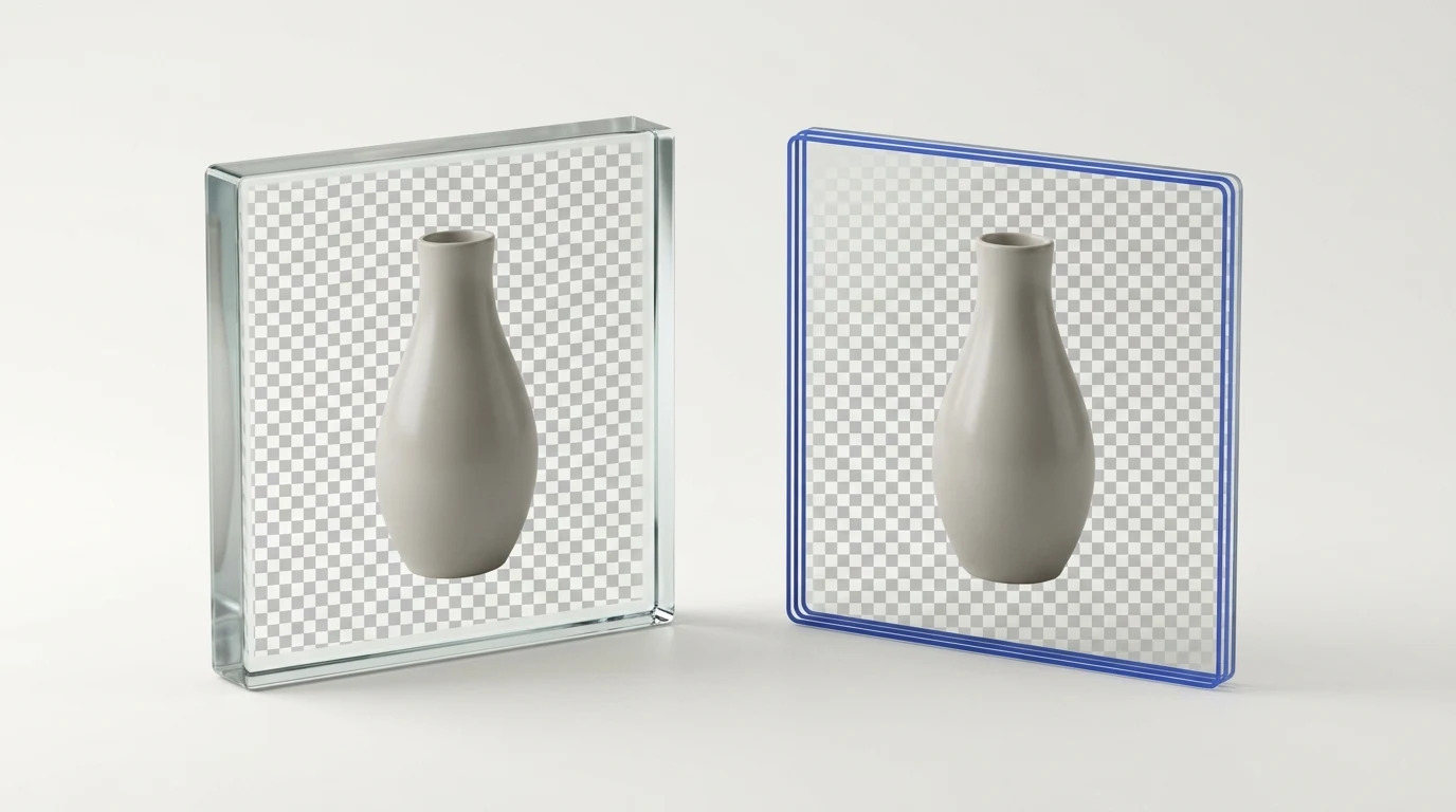 Two floating glass cards displaying an identical neutral vase over an alpha transparency grid, comparing a thick master glass block with a thin web-optimized card.
