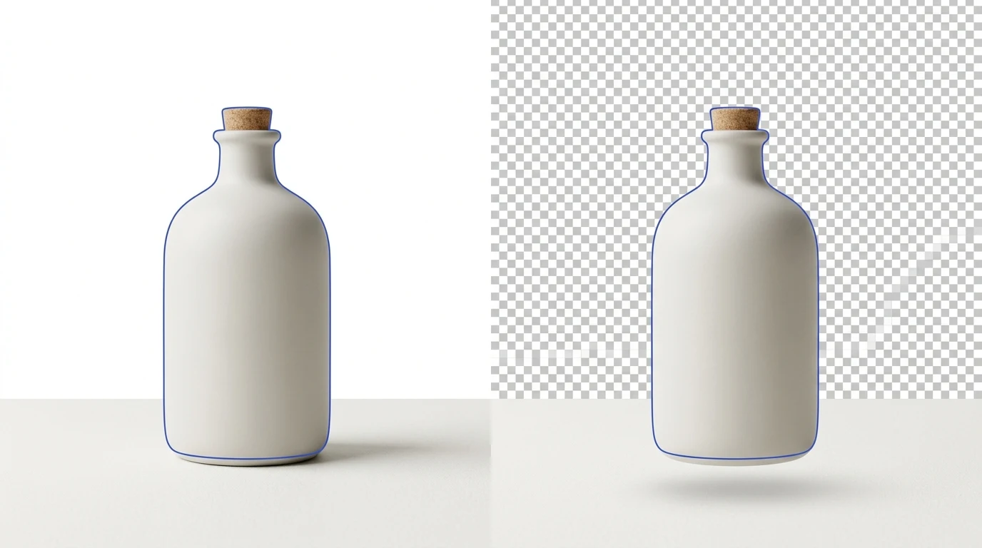 Symmetrical side-by-side display of an unbranded ceramic bottle resting on a pure white background on the left and floating over a transparent checkerboard grid on the right.
