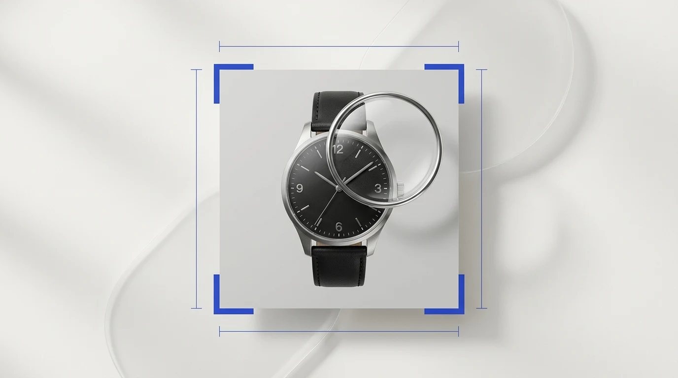 Square 1:1 product photo of a wristwatch with cobalt corner framing marks and a glass magnifying loupe highlighting sharp micro-texture detail.