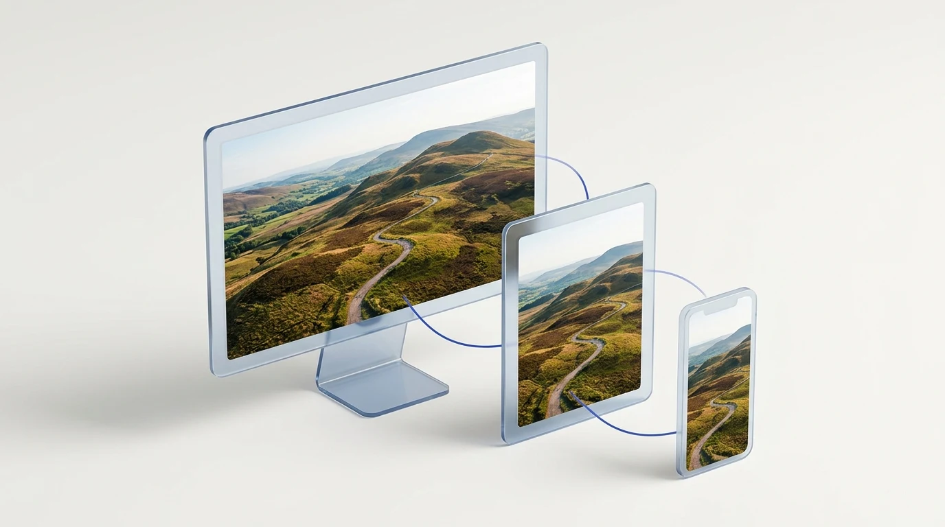 Desktop monitor, tablet, and smartphone glass frames displaying responsive image scaling connected by blue delivery lines.